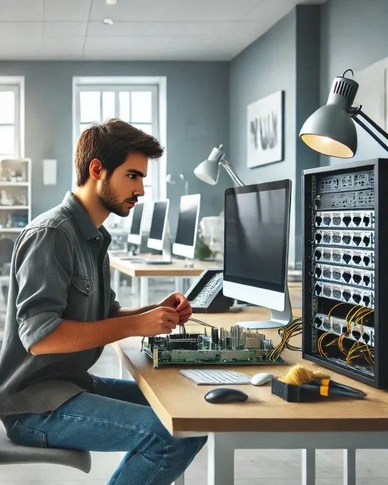 DALL·E 2024-10-22 21.57.33 - A professional IT technician working on a computer in a modern office setting. The technician is focused, handling hardware components, with a desk fe